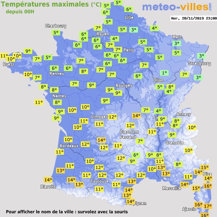 Températures maximales (°C) depuis 00h