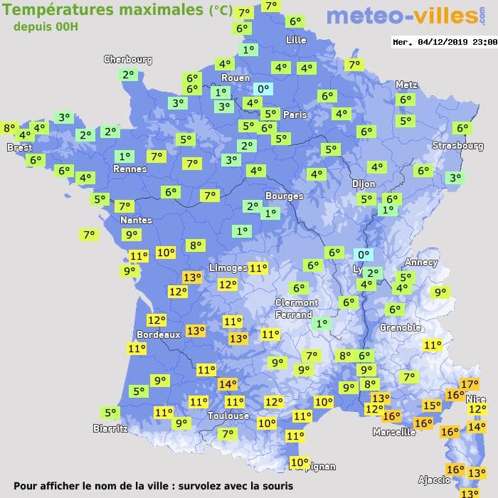 Températures maximales (°C) depuis 00h