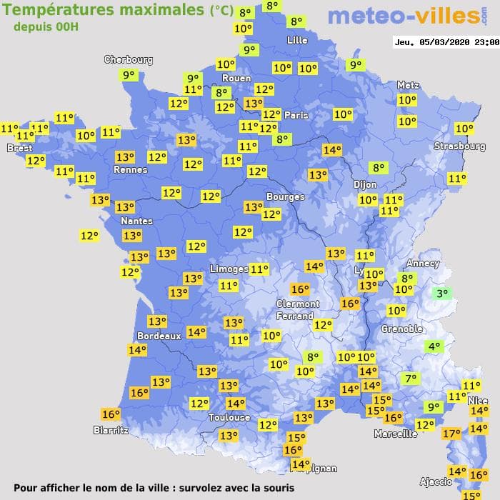 Températures maximales (°C) depuis 00h
