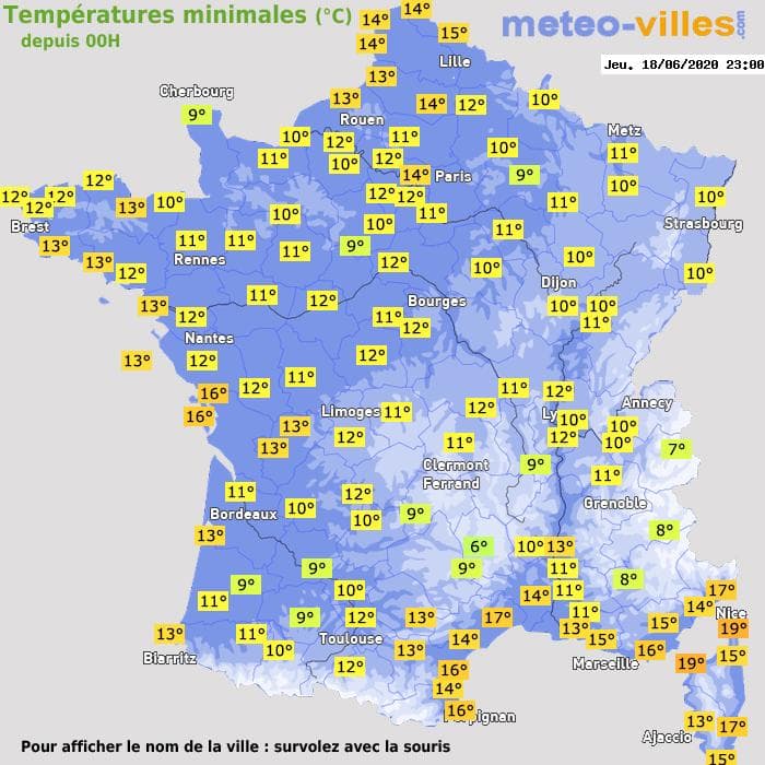 Températures minimales (°C) depuis 00h