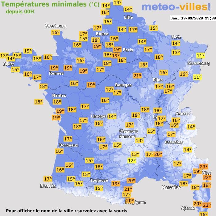Températures minimales (°C) depuis 00h