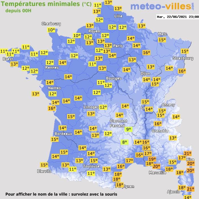 Températures minimales (°C) depuis 00h