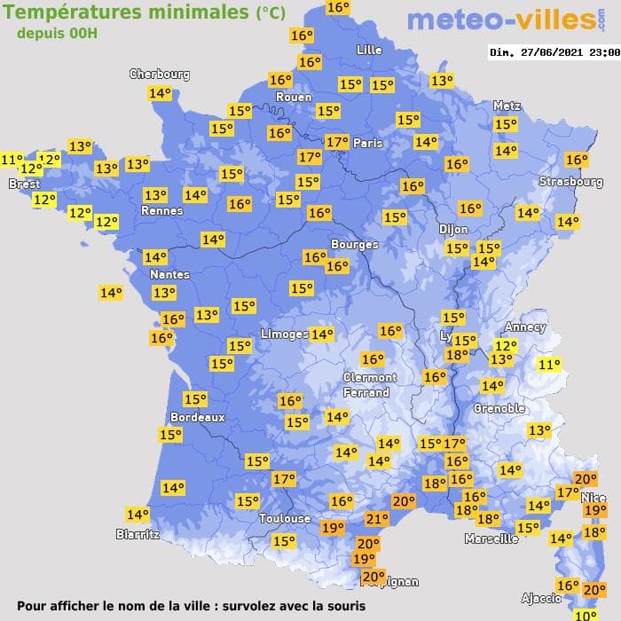 Températures minimales (°C) depuis 00h
