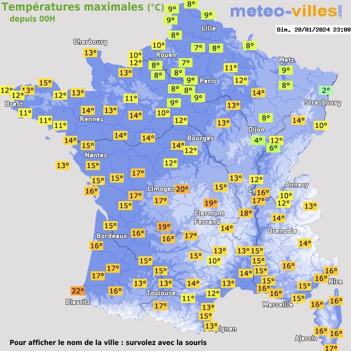 Températures maximales (°C) depuis 00h