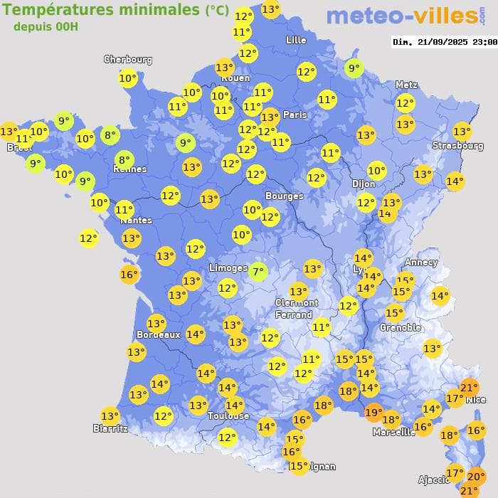 Températures minimales (°C) depuis 00h