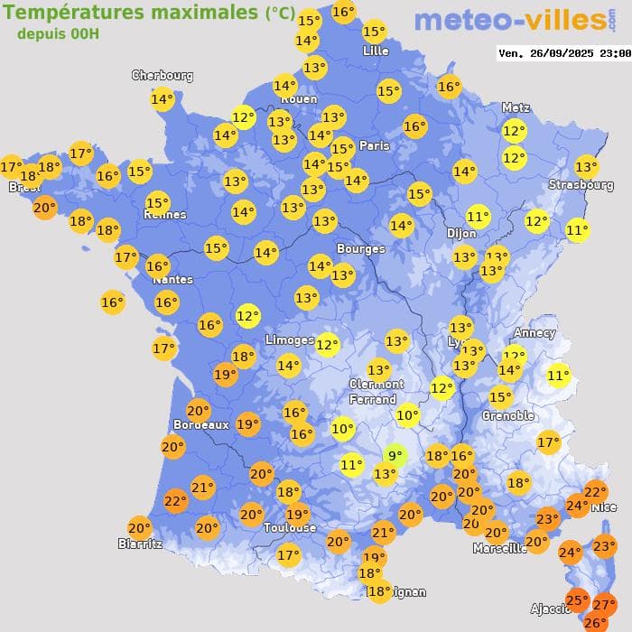 Températures maximales (°C) depuis 00h