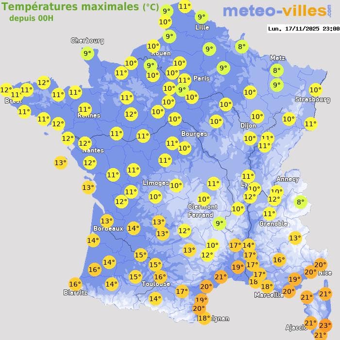 Températures maximales (°C) depuis 00h