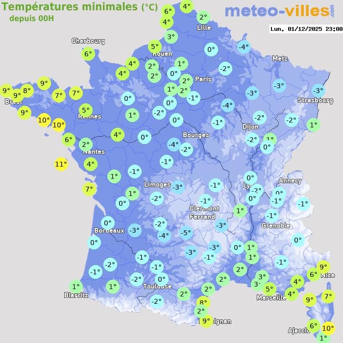 Températures minimales (°C) depuis 00h