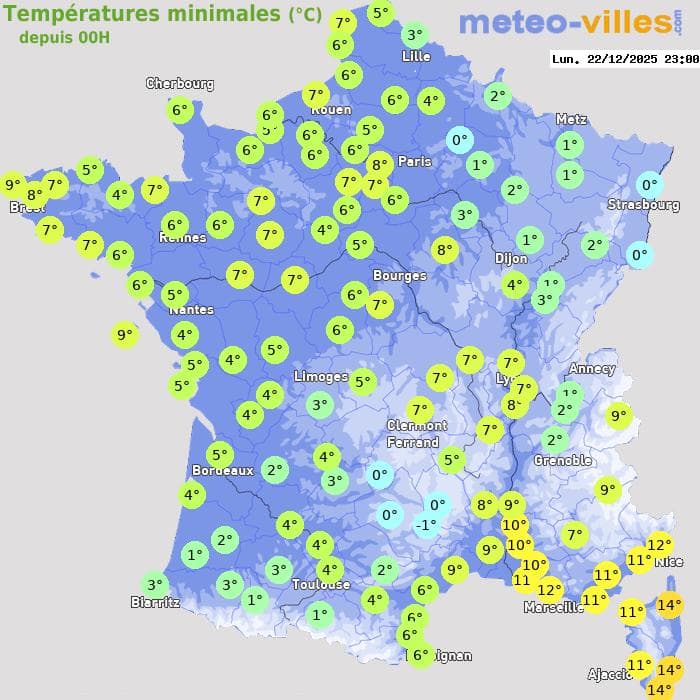 Températures minimales (°C) depuis 00h