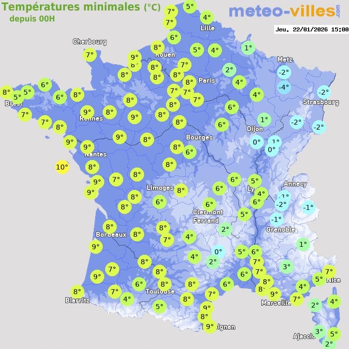 Températures minimales (°C) depuis 00h