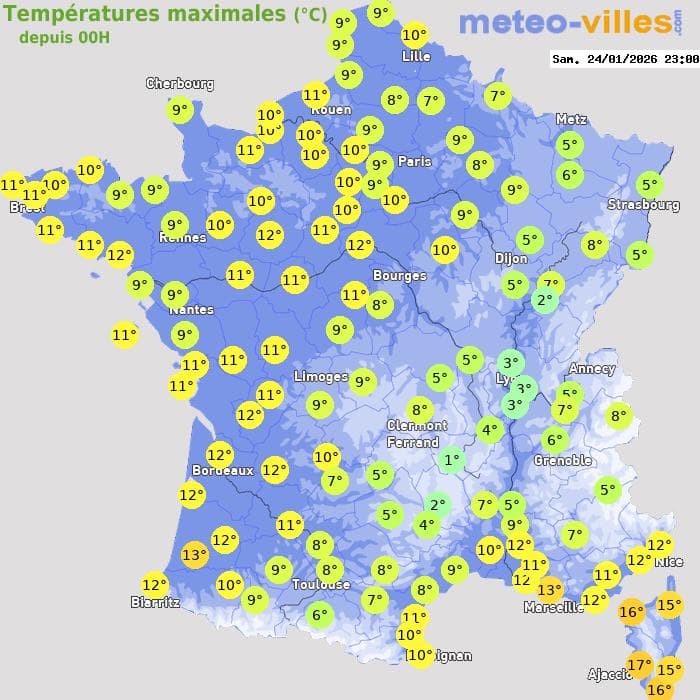 Températures maximales (°C) depuis 00h
