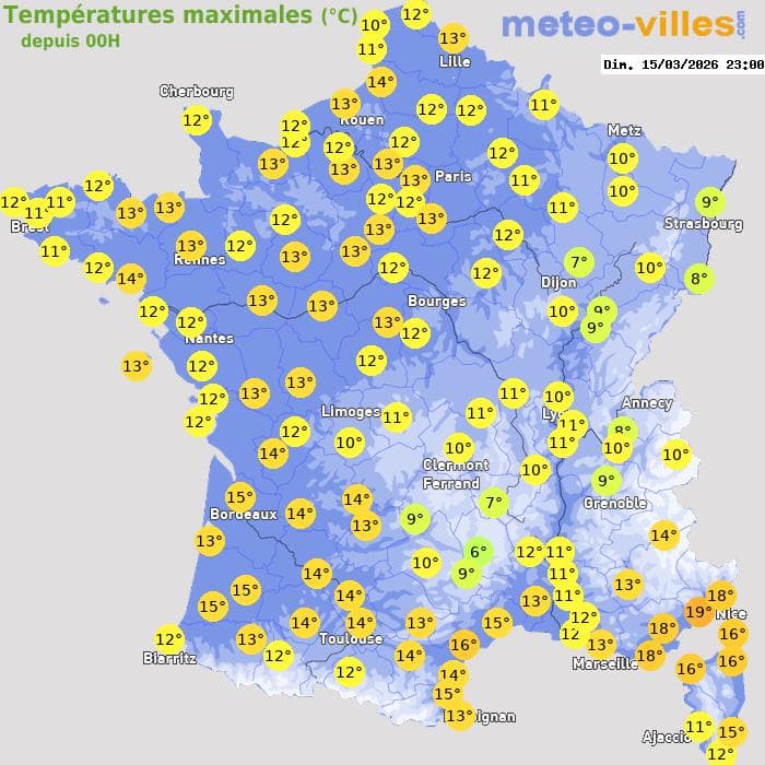 Températures maximales (°C) depuis 00h