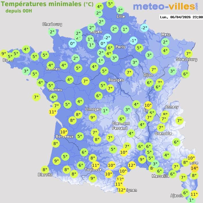 Températures minimales (°C) depuis 00h