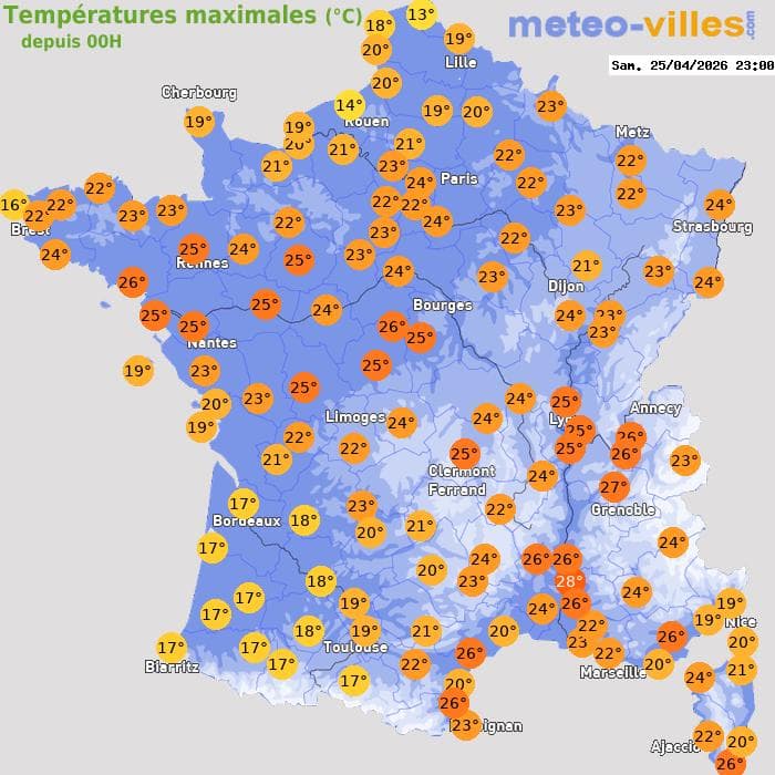 Températures maximales (°C) depuis 00h