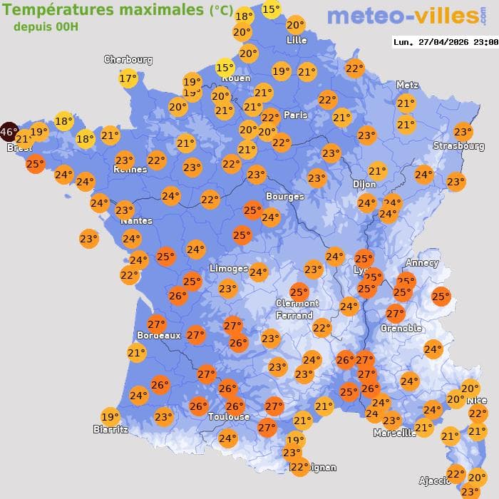 Températures maximales (°C) depuis 00h