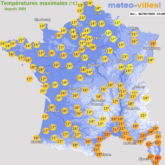 Températures maximales (°C) depuis 00h
