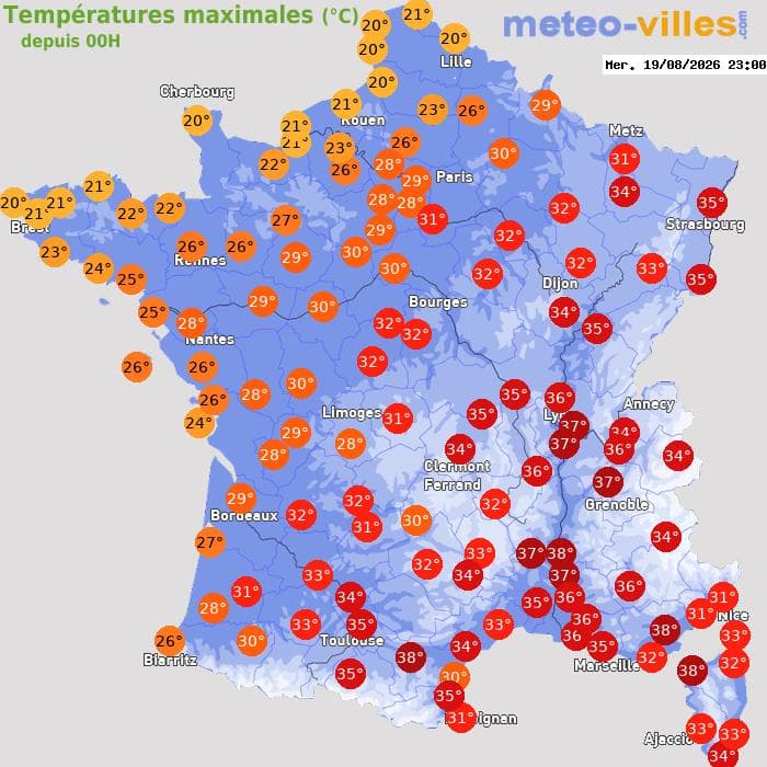 Températures maximales (°C) depuis 00h