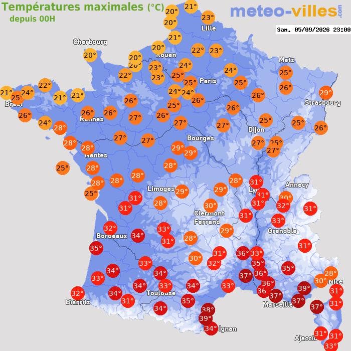 Températures maximales (°C) depuis 00h