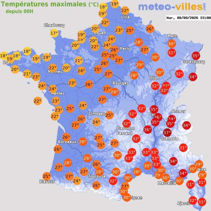 Températures maximales (°C) depuis 00h