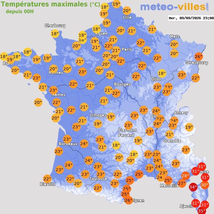 Températures maximales (°C) depuis 00h