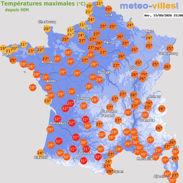 Températures maximales (°C) depuis 00h