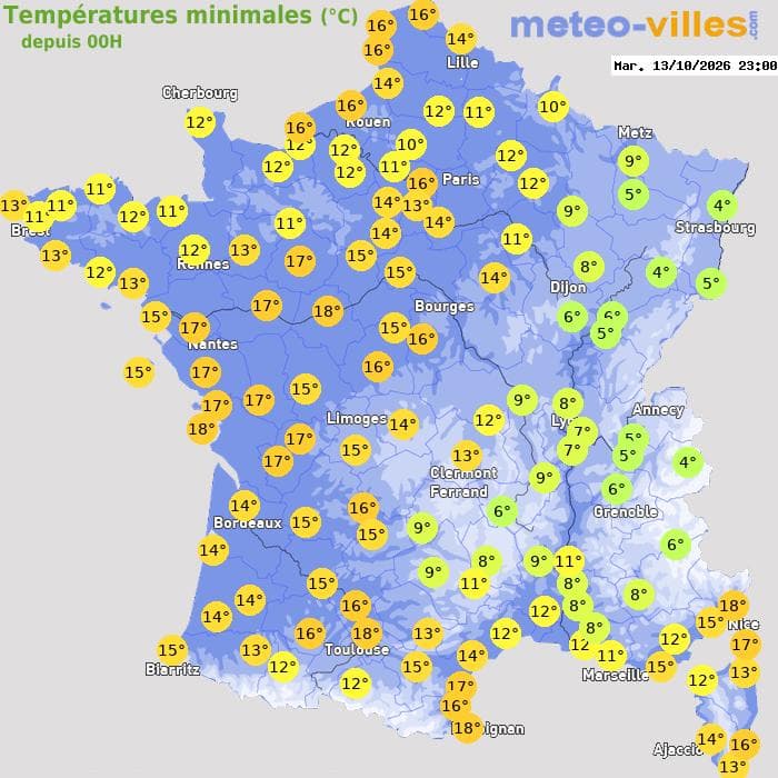 Températures minimales (°C) depuis 00h