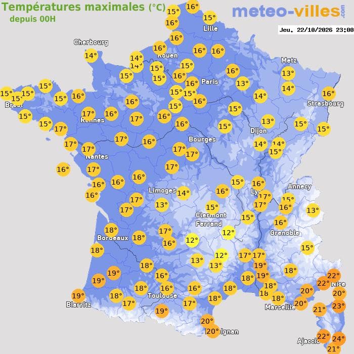 Températures maximales (°C) depuis 00h
