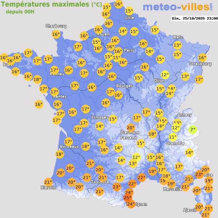 Températures maximales (°C) depuis 00h