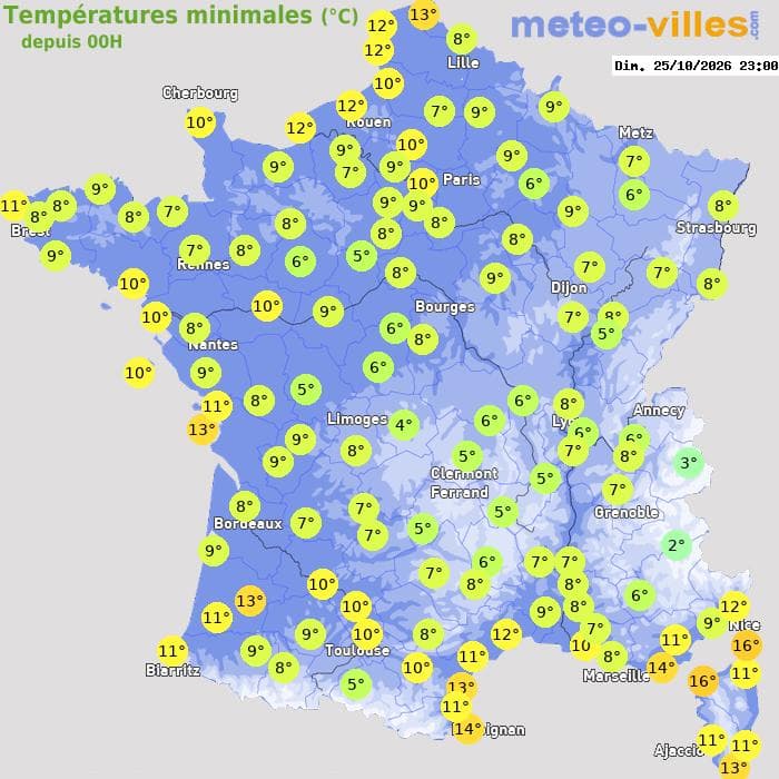 Températures minimales (°C) depuis 00h