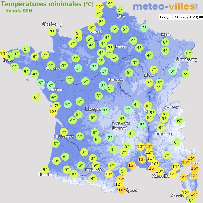 Températures minimales (°C) depuis 00h