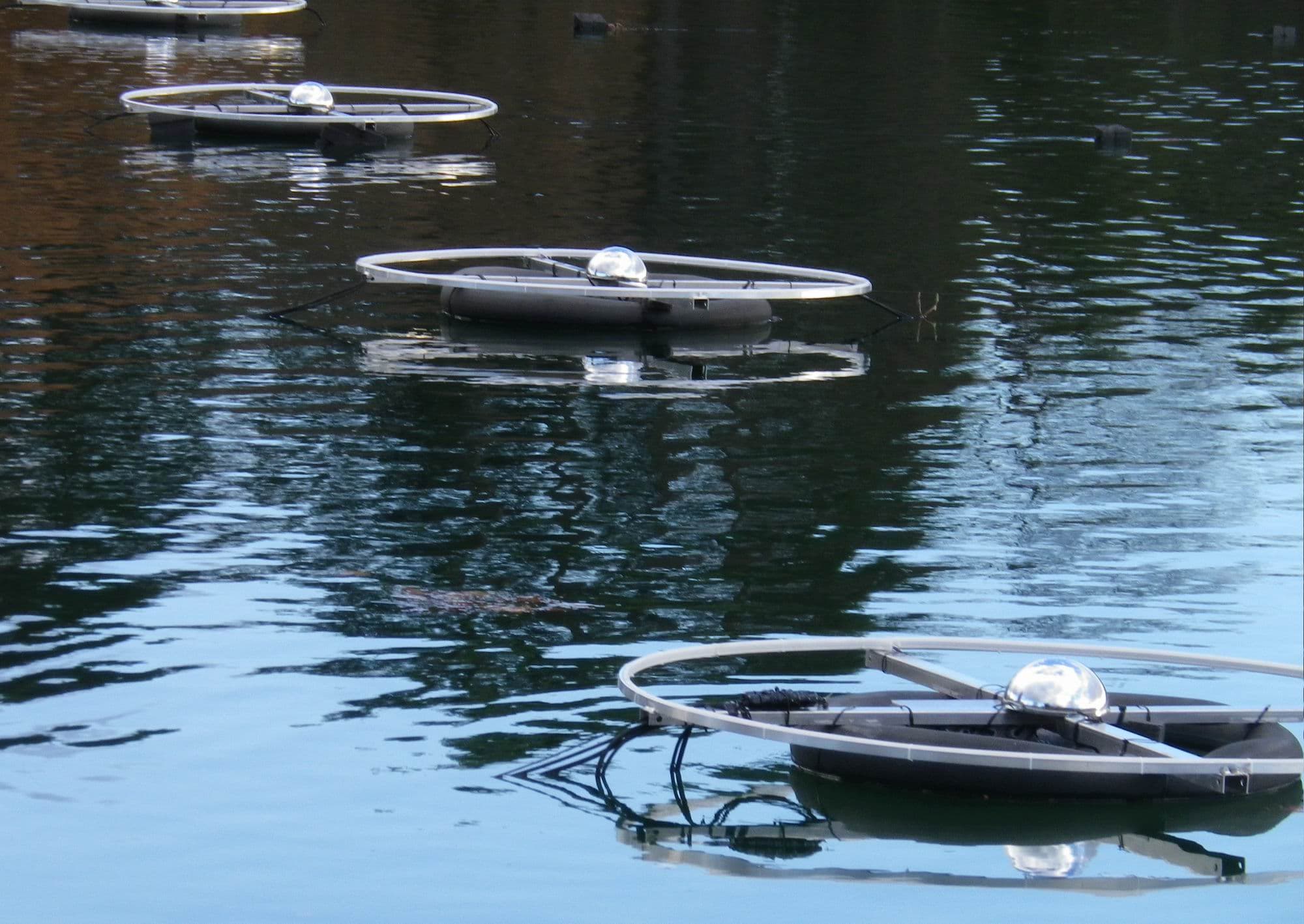 Soucoupes volantes sur le lac ? Non, éléments de la Fête des lumières, de jour !