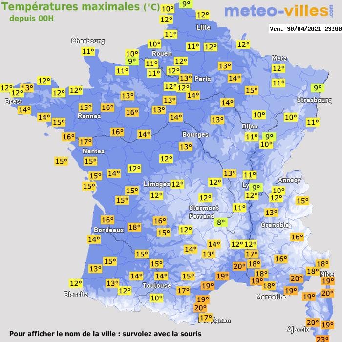Températures maximales (°C) depuis 00h