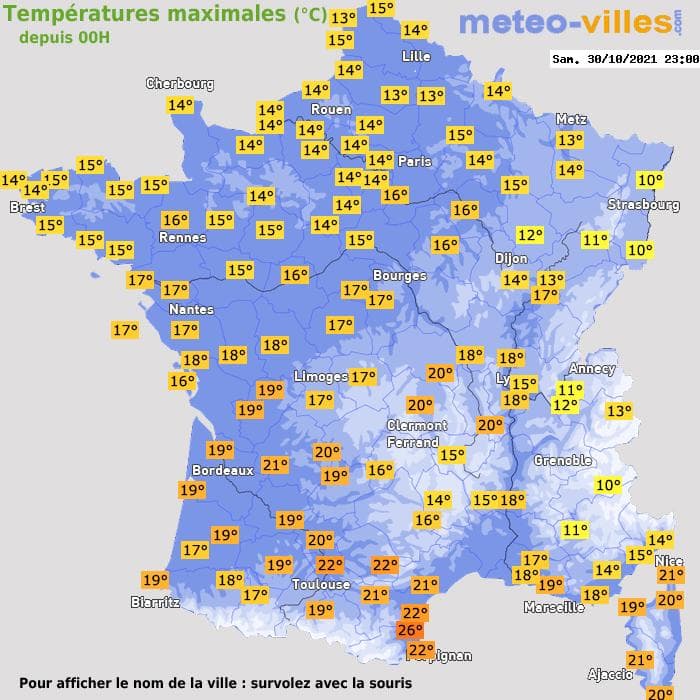 Températures maximales (°C) depuis 00h