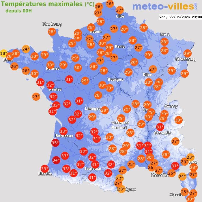 Températures maximales (°C) depuis 00h