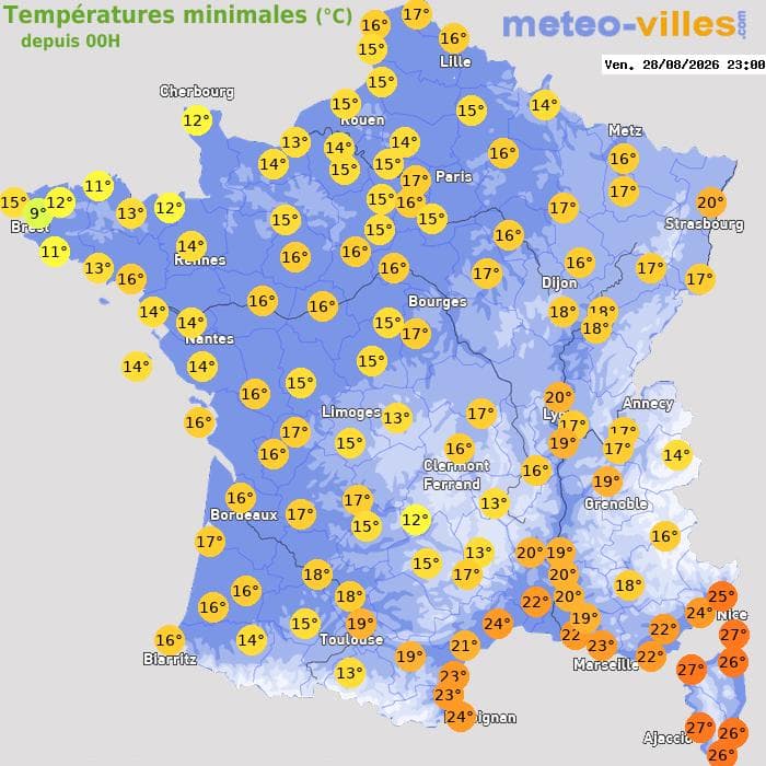 Températures minimales (°C) depuis 00h