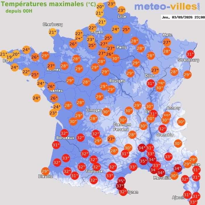 Températures maximales (°C) depuis 00h