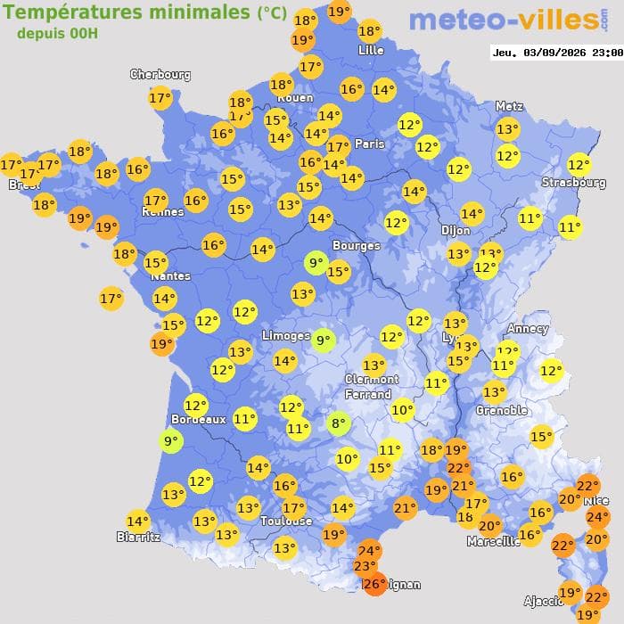 Températures minimales (°C) depuis 00h