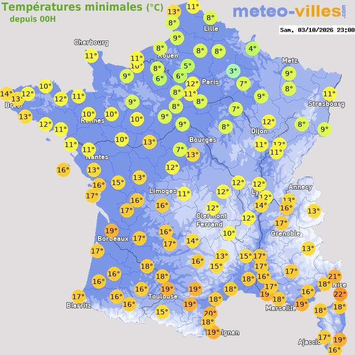 Températures minimales (°C) depuis 00h