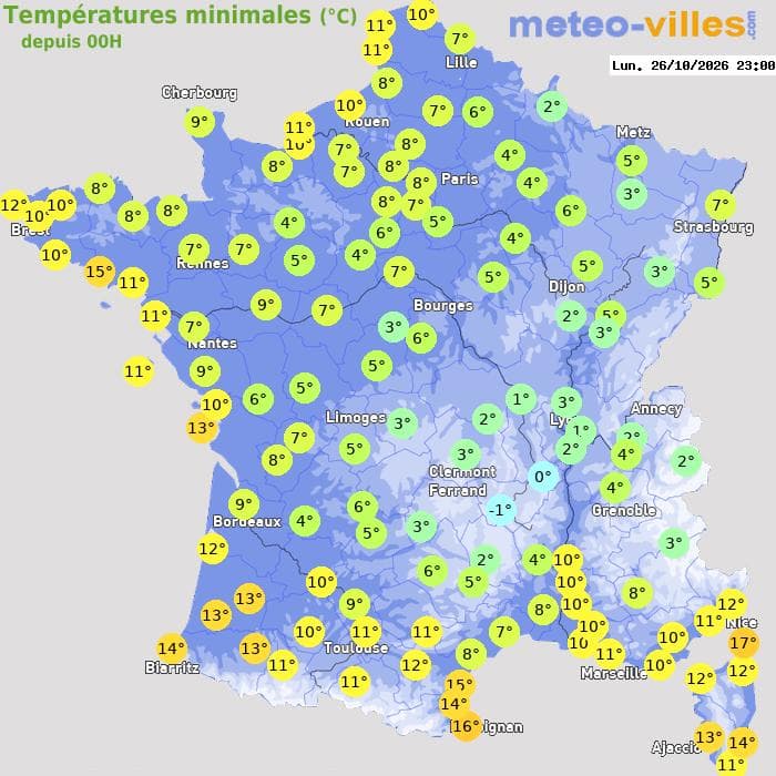 Températures minimales (°C) depuis 00h